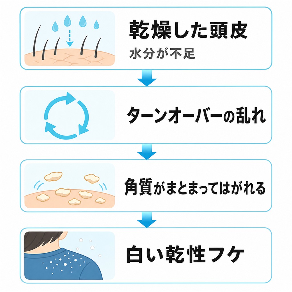 乾燥でターンオーバーが乱れ角質がまとまってはがれ白い乾性フケになる流れを示した概念図