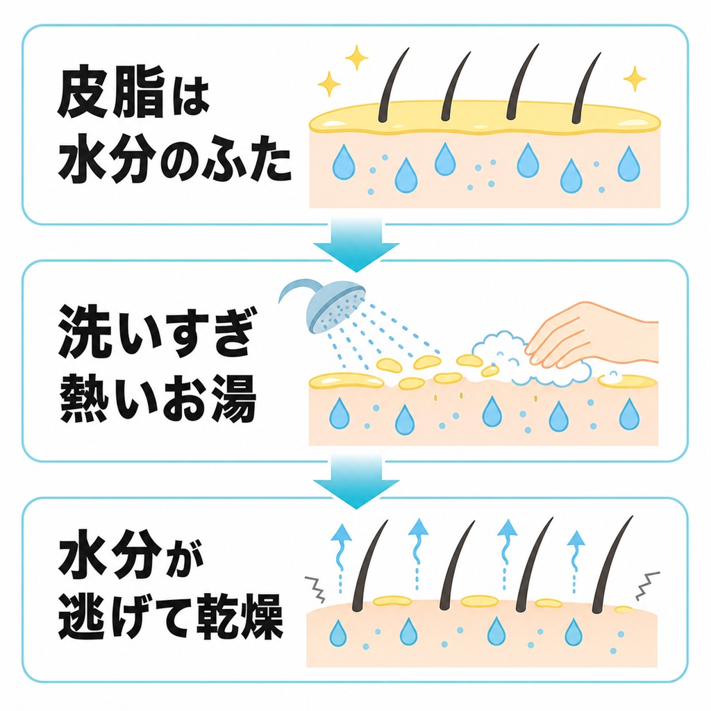 皮脂が頭皮の水分を逃がさないふたの役割をして洗いすぎで奪われ乾燥する仕組みを示した概念図