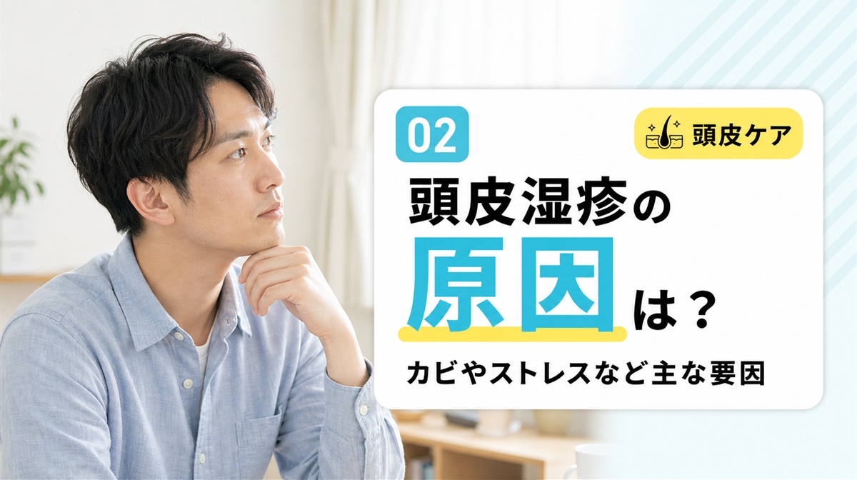 頭皮湿疹の原因となるカビやストレスなど主な要因を解説する見出しイメージ