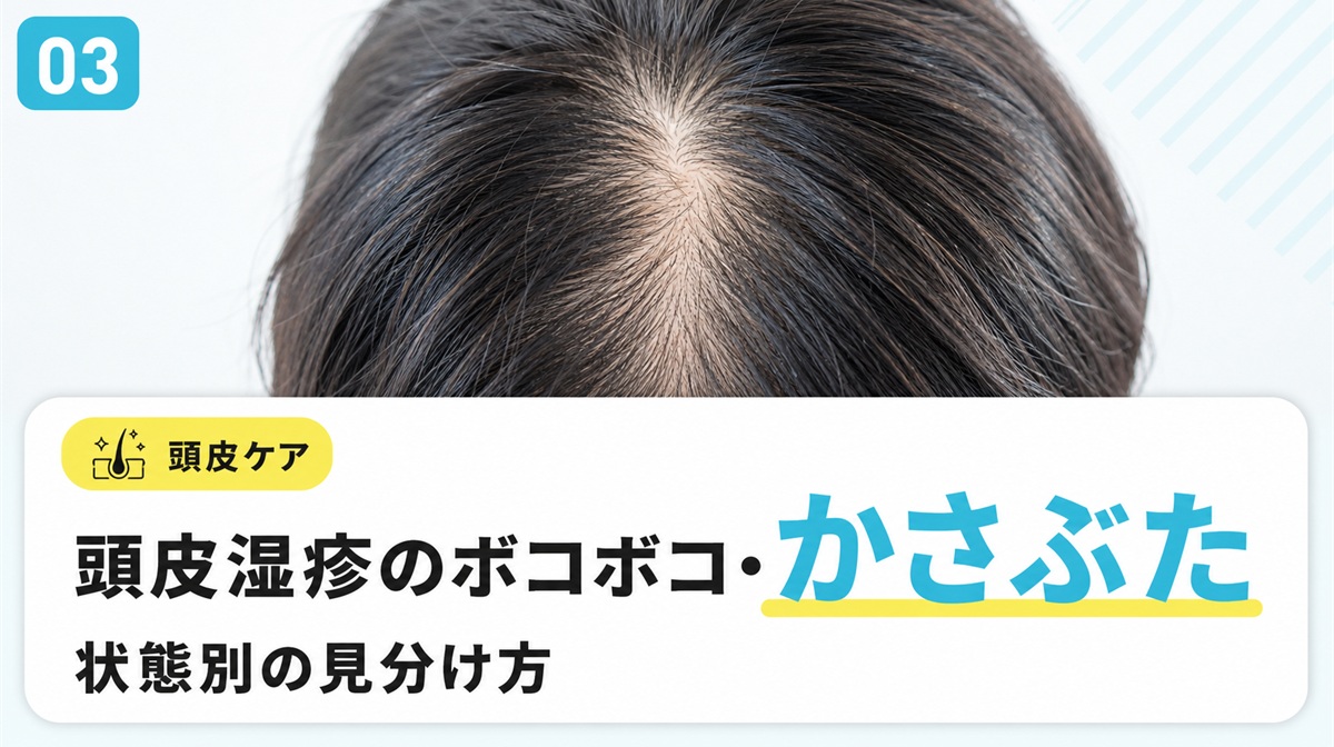 頭皮湿疹でボコボコやかさぶたができる時の状態別の見分け方を解説する見出しイメージ