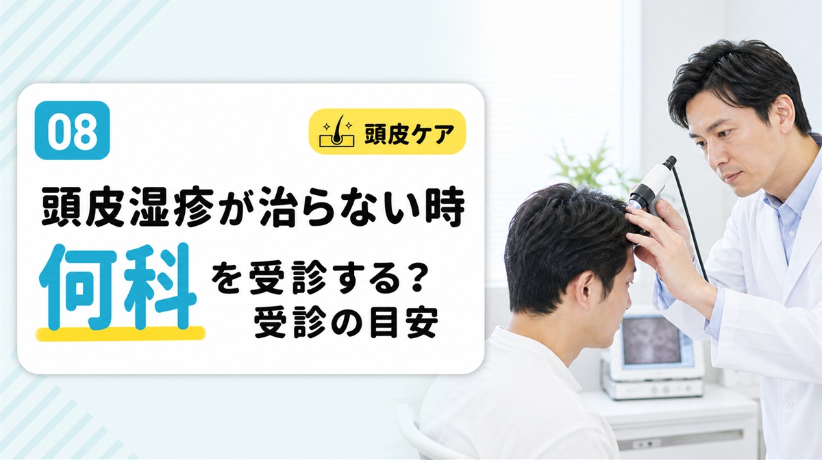 頭皮湿疹が治らない時に何科を受診するかと受診の目安を解説する見出しイメージ