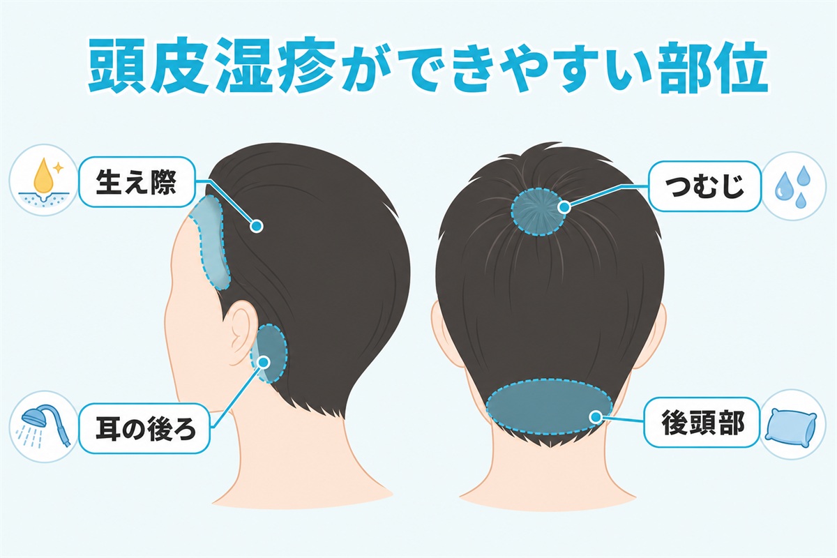 頭皮湿疹ができやすい後頭部や耳の後ろと生え際の部位を示した頭部の図