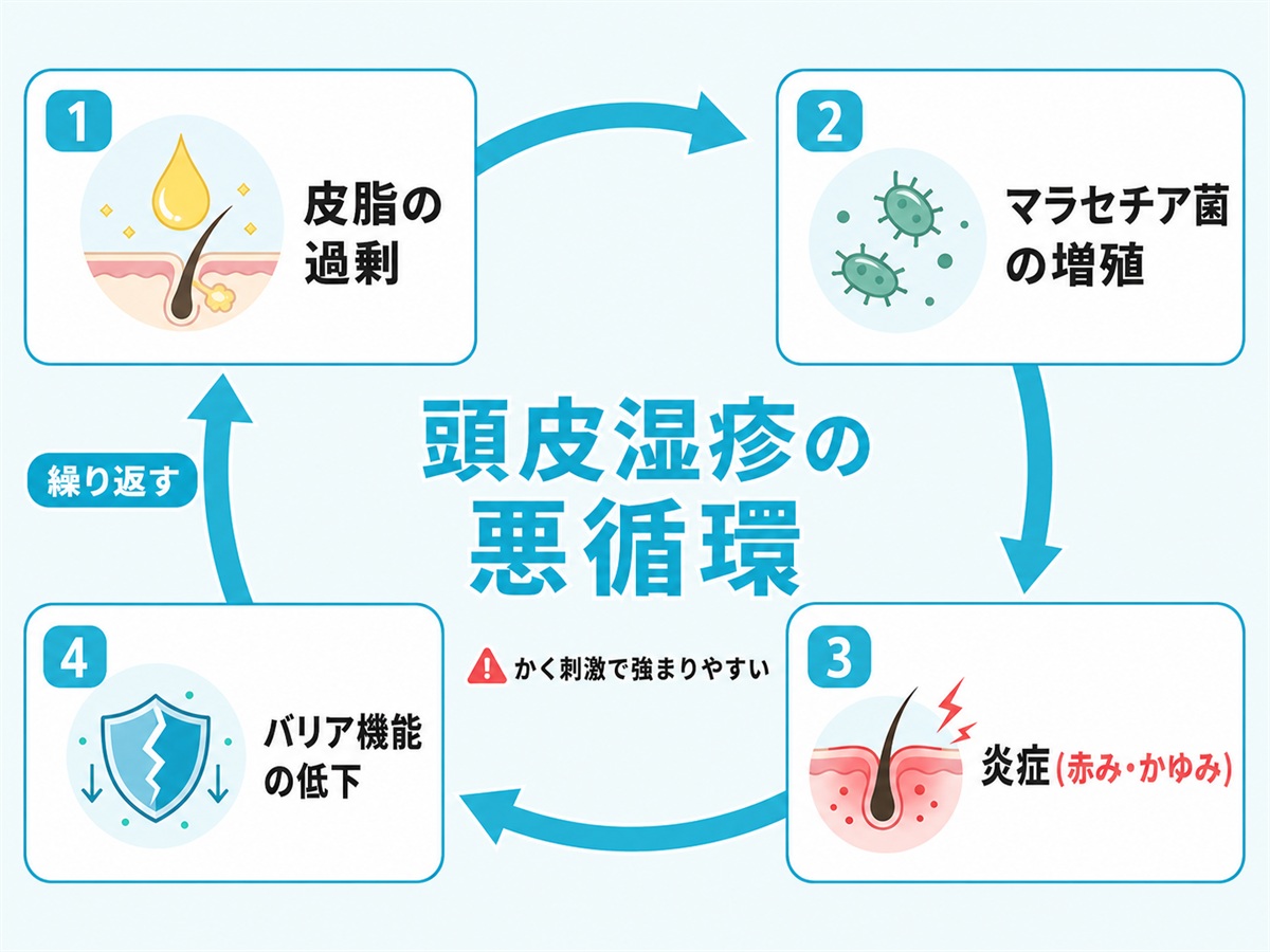 皮脂の過剰からマラセチア菌の増殖と炎症やバリア機能の低下が繰り返す頭皮湿疹の悪循環を示した図