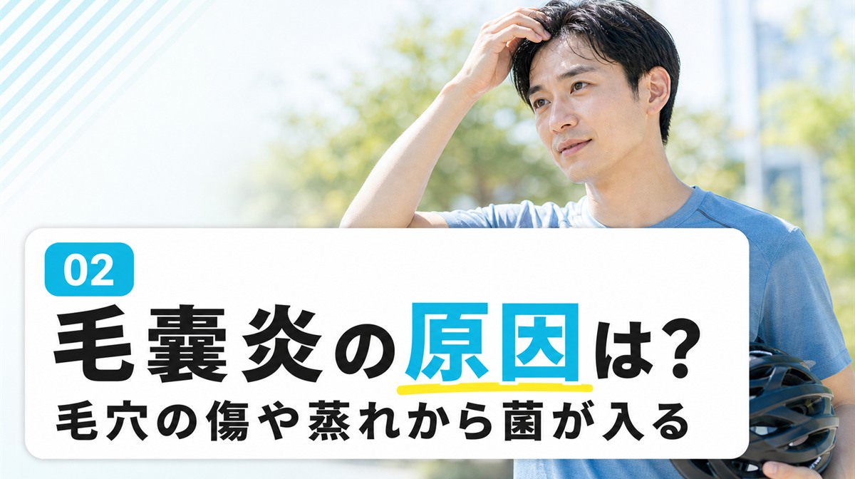 頭皮に毛嚢炎ができる原因を毛穴の傷や蒸れと細菌や真菌から解説する見出しイメージ