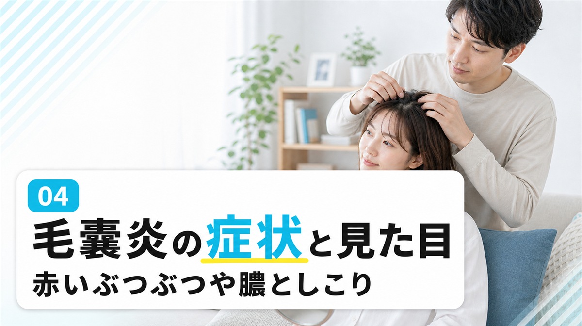 頭皮にできた毛嚢炎の症状と見た目を赤いぶつぶつや膿としこりから解説する見出しイメージ