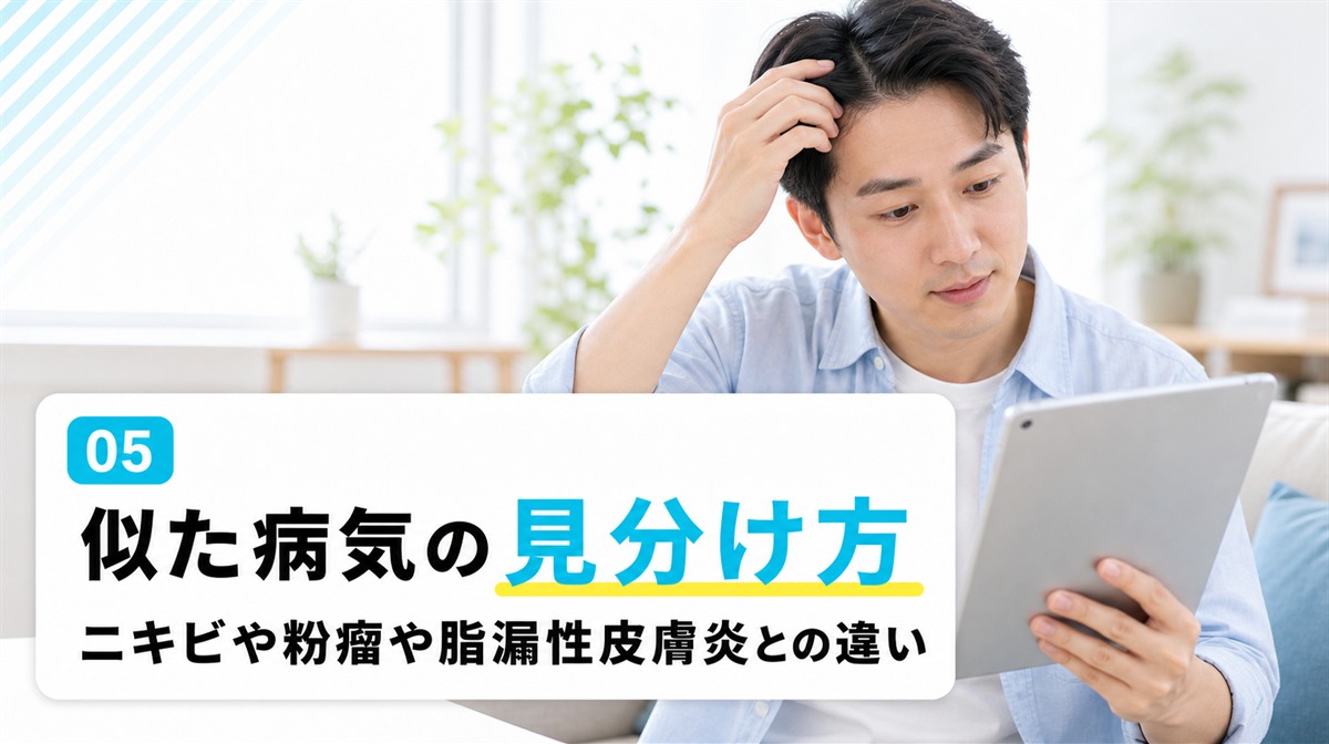 頭皮の毛嚢炎とよく似たニキビや粉瘤や脂漏性皮膚炎との見分け方を解説する見出しイメージ