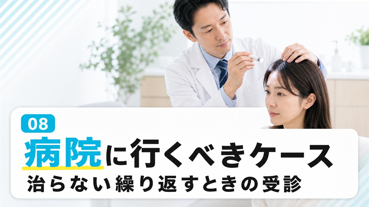 頭皮の毛嚢炎で病院に行くべきケースと何科を受診するかを解説する見出しイメージ