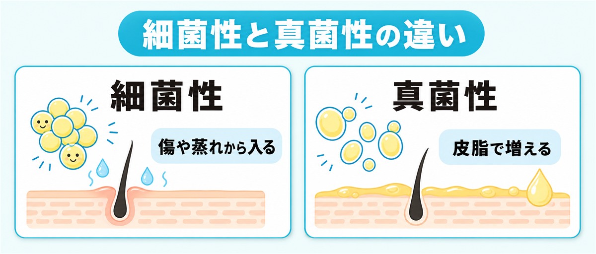 細菌性の毛嚢炎と真菌性の毛嚢炎で毛穴に関わる菌の違いを並べたイラスト