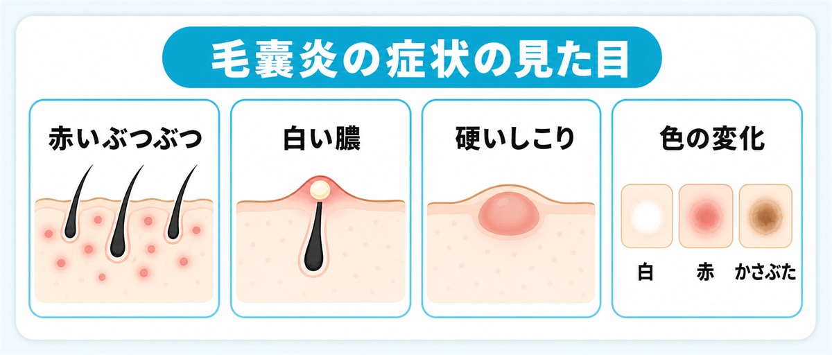 頭皮の毛嚢炎の赤いぶつぶつや白い膿としこりや色の見た目の違いをやさしく示したイラスト