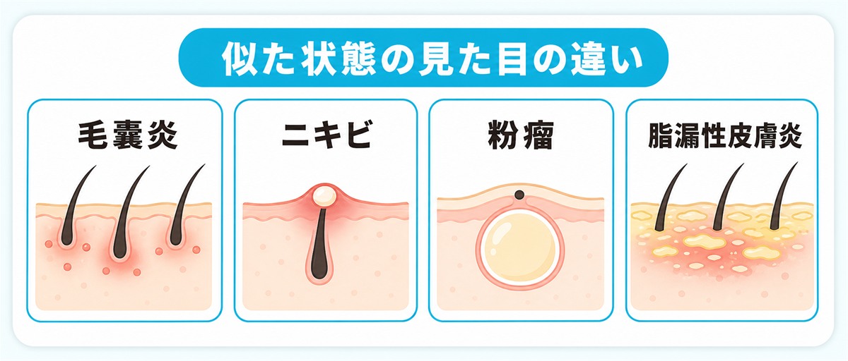 毛嚢炎とニキビや粉瘤や脂漏性皮膚炎の見た目の違いを並べて比べたイラスト