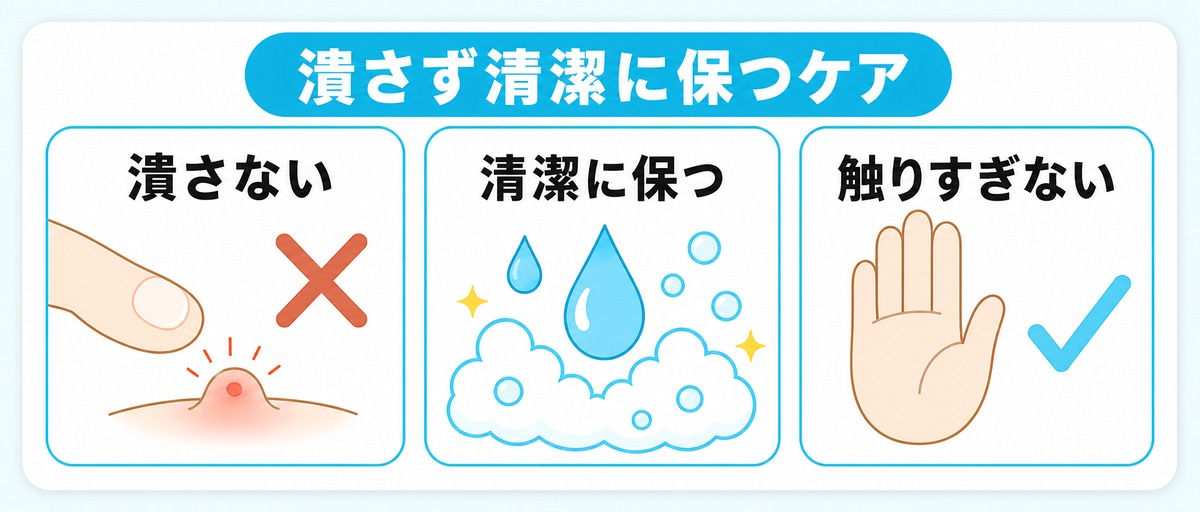 頭皮の毛嚢炎を潰さず清潔に保ちながらケアするやさしいセルフケアのイメージイラスト