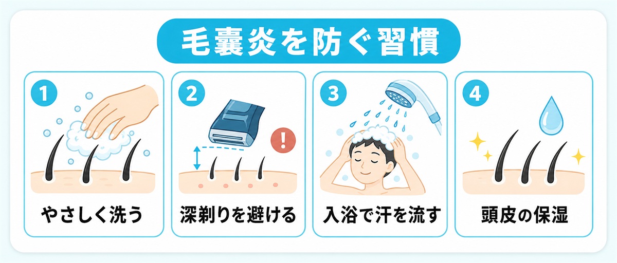 頭皮の毛嚢炎を予防するやさしい洗い方や剃り方や入浴や保湿の習慣をまとめたイラスト