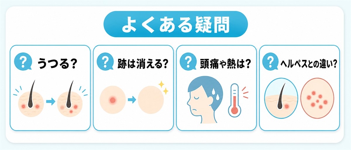 頭皮の毛嚢炎がうつるかや跡や色素沈着やヘルペスとの違いなどよくある疑問をやさしくまとめたイラスト