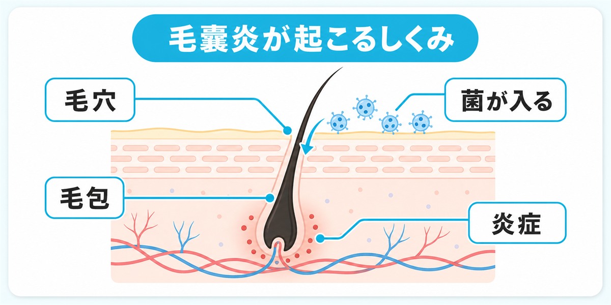 毛穴の断面と毛包の奥で炎症が起こる毛嚢炎の仕組みを示した図解