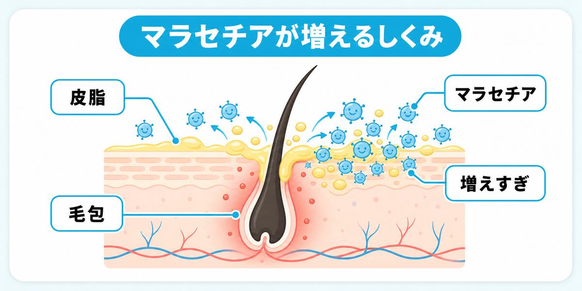 皮脂の多い頭皮でマラセチアが増えて毛包に炎症を起こす真菌性の毛嚢炎のしくみを示した図解