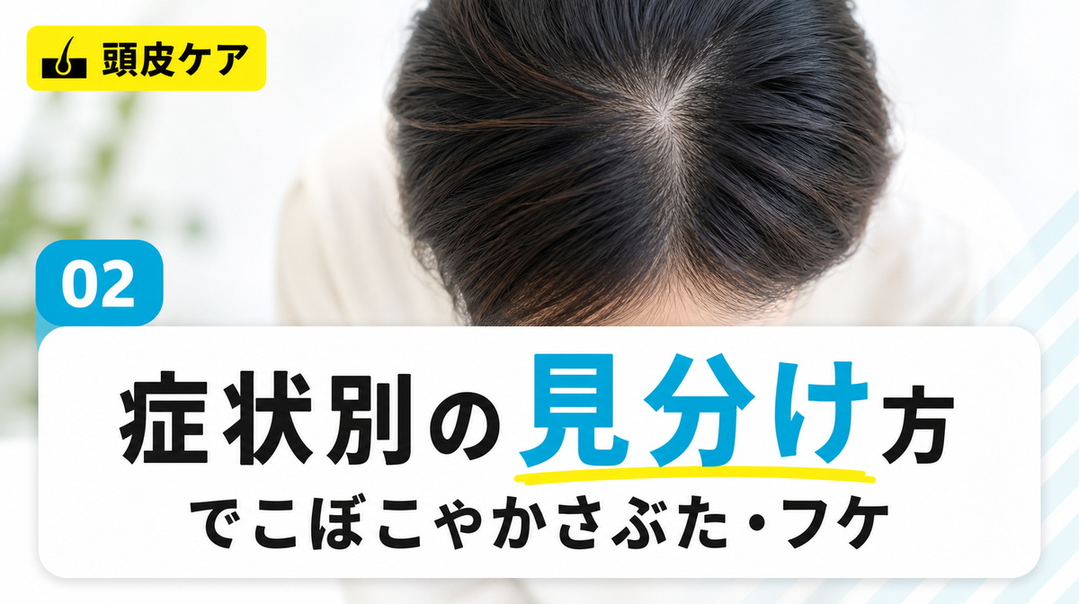 頭皮のかゆみをでこぼこやかさぶた・フケなど症状別に見分ける見出しイメージ