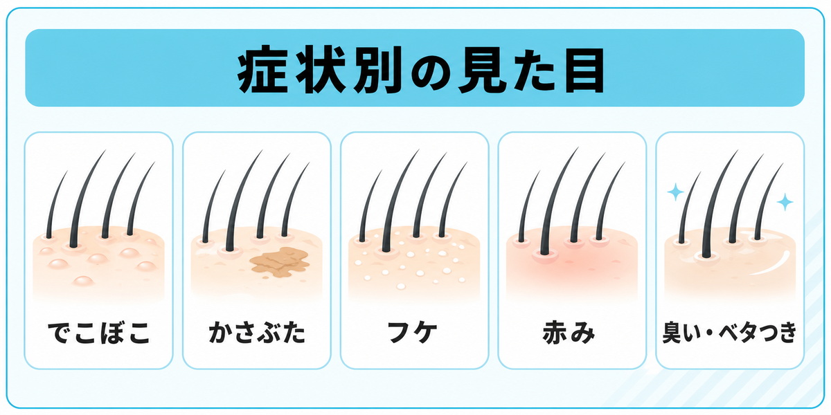 頭皮のかゆみの症状別の見た目(でこぼこ・かさぶた・フケ・赤み・臭いベタつき)をやさしく示したイラスト