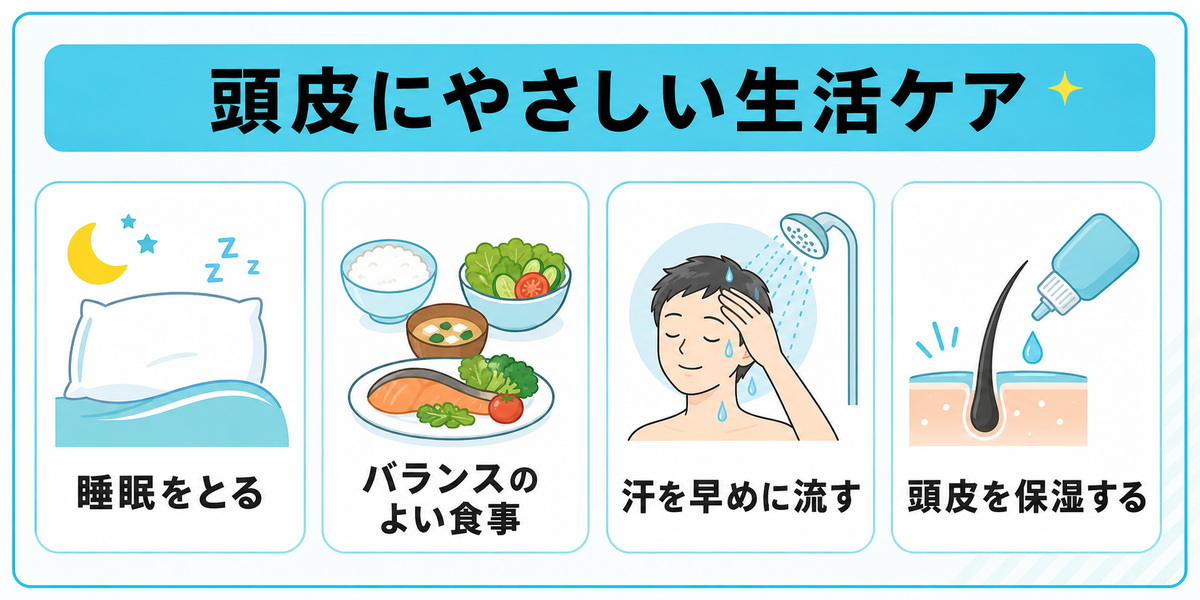 睡眠・バランスのよい食事・汗を流す・保湿など頭皮にやさしい生活ケアのポイントを並べた図