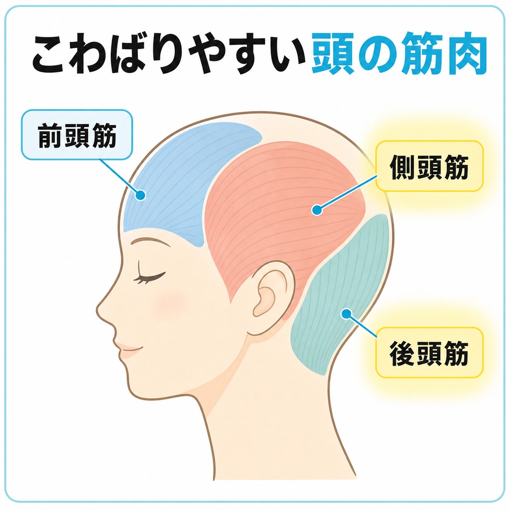 こわばりやすい頭の筋肉(前頭筋・側頭筋・後頭筋)と押すと痛みを感じやすい部位を示した図
