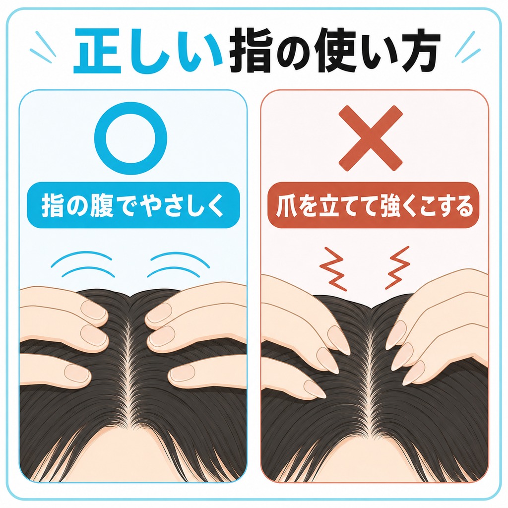頭皮マッサージの正しい指の使い方を示した図。指の腹で動かすのがよく爪を立てて強くこするのは避ける比較