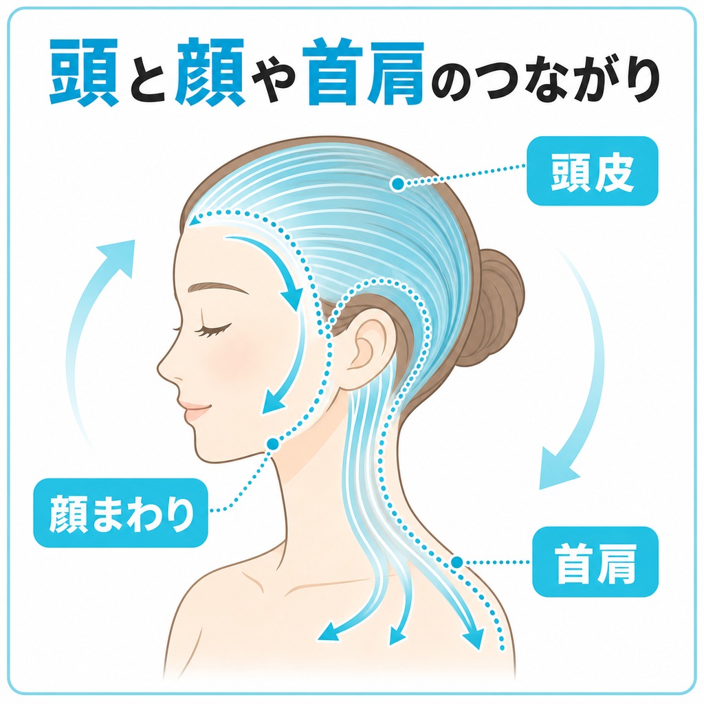 頭皮が顔や首肩の皮膚や筋肉とつながっていることを示した図。頭皮をほぐすと顔まわりや首肩のこりにも働くイメージ