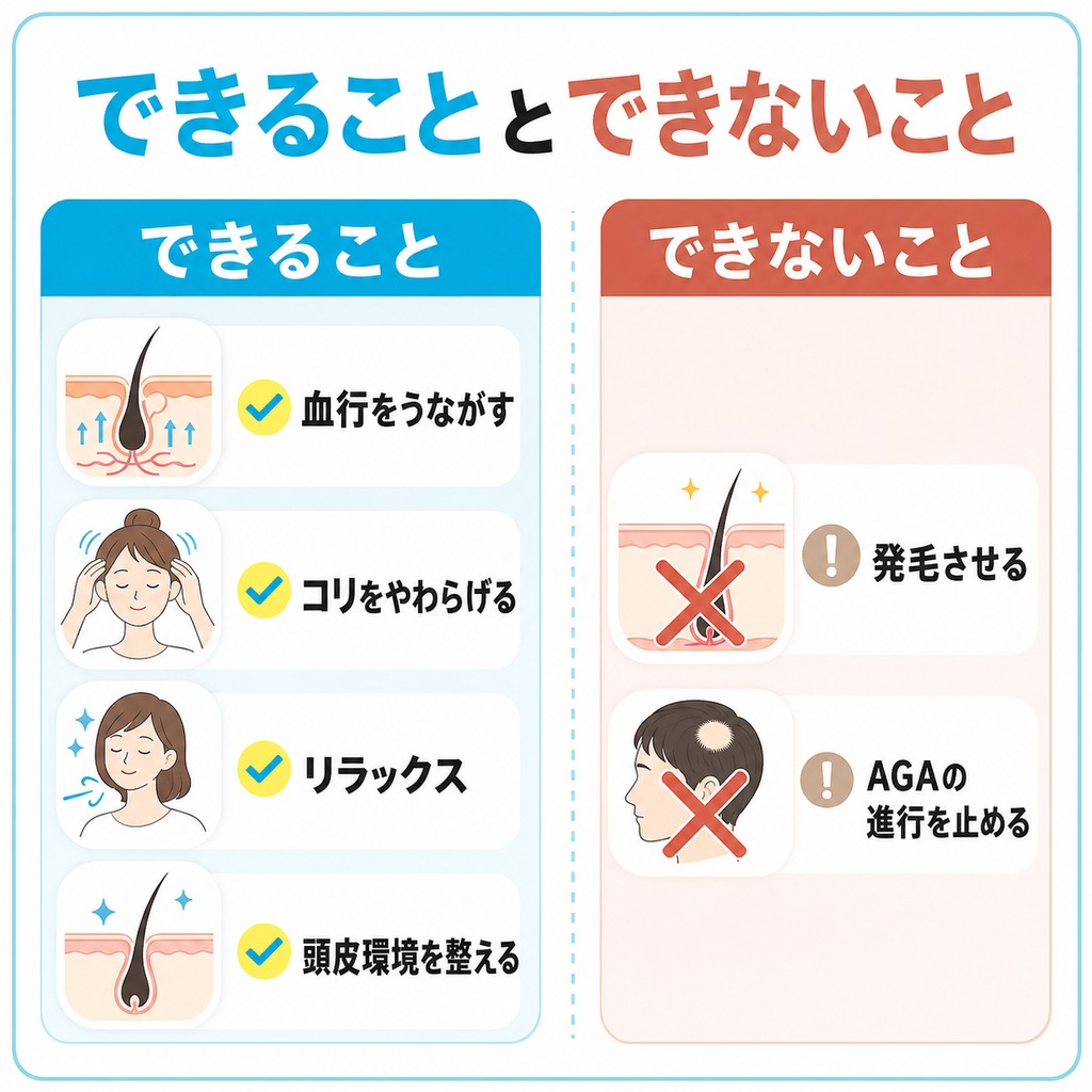 頭皮マッサージでできること(血行やリラックス・頭皮環境を整える)とできないこと(発毛やAGAの進行を止める)の範囲を示した図