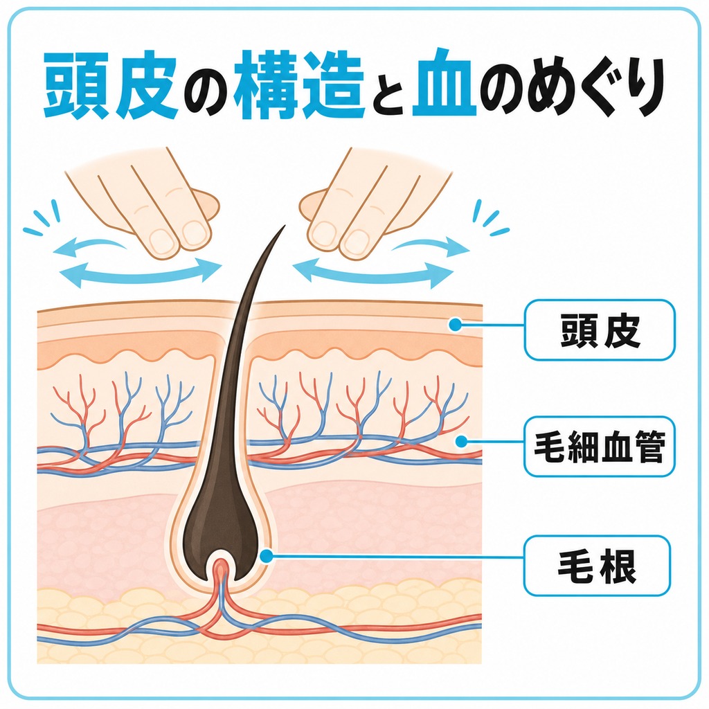 頭皮の構造と血のめぐりを示した概念図。皮膚の下の毛細血管と毛根に向けてマッサージが巡りを助けるイメージ