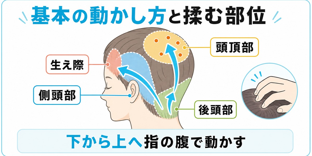 頭皮マッサージの基本の動かし方と揉む部位を示した図。生え際から頭頂部へ下から上に動かす向きと側頭部や後頭部の位置