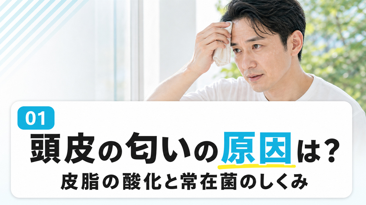 頭皮の匂いの原因を皮脂の酸化や常在菌とともに解説する見出しイメージ