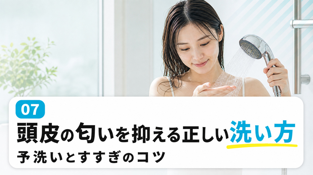 頭皮の匂いを抑える正しいシャンプーの洗い方とすすぎや乾かし方を解説する見出しイメージ
