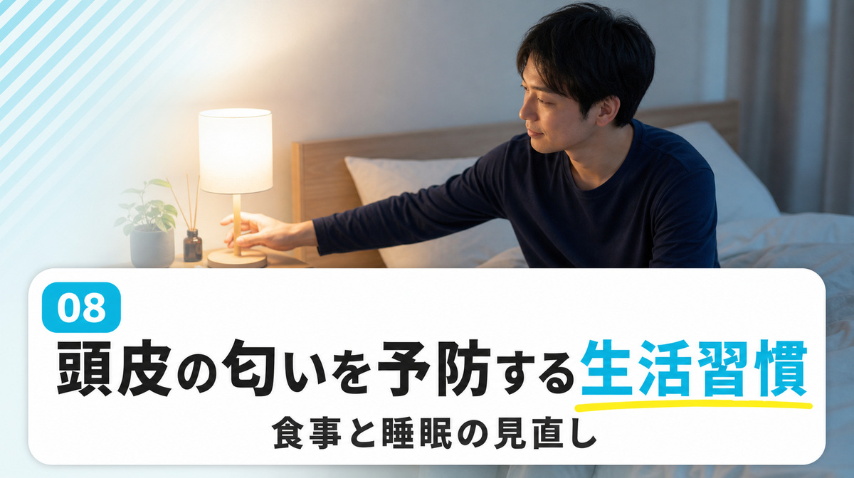 頭皮の匂いを予防する生活習慣として食事や睡眠を解説する見出しイメージ