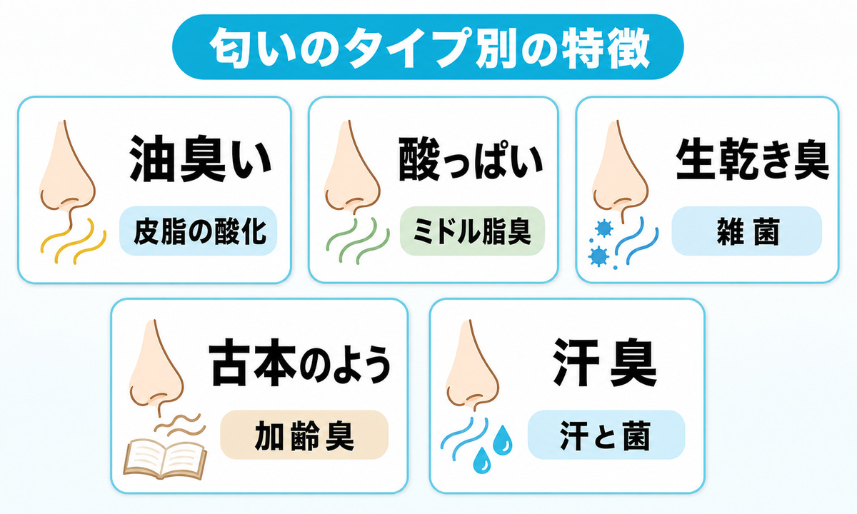 油臭い匂いと酸っぱいミドル脂臭と生乾き臭と古本のような加齢臭と汗臭の5タイプの特徴と原因を並べた匂いの早見イラスト