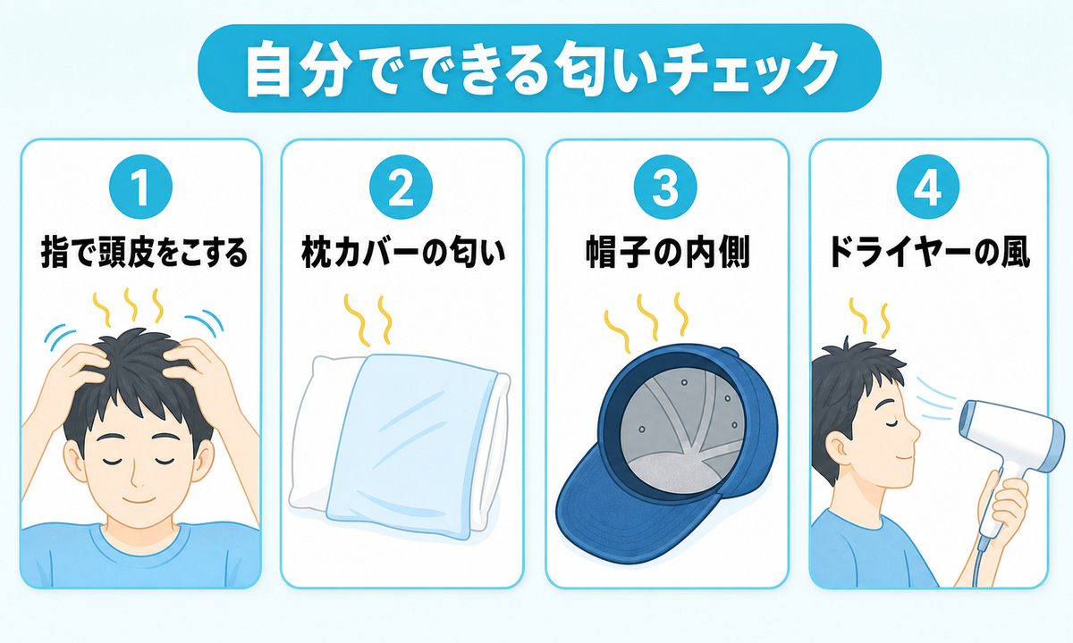 指で頭皮をこすって嗅ぐ方法と枕カバーと帽子の内側とドライヤーの風で頭皮の匂いを自分で確認する4つの方法のイラスト