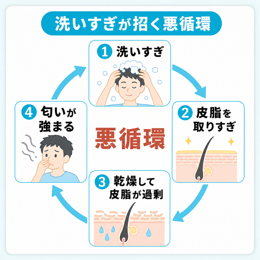 洗いすぎで皮脂を取りすぎると乾燥して皮脂が過剰に分泌され匂いが強まる悪循環を示したループ図