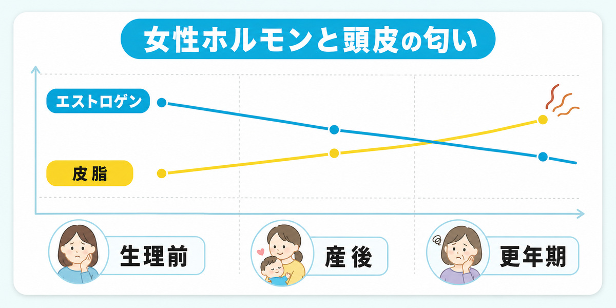生理前や産後や更年期の女性ホルモンの変化と皮脂の増減が頭皮の匂いに関わるようすを示した推移の図