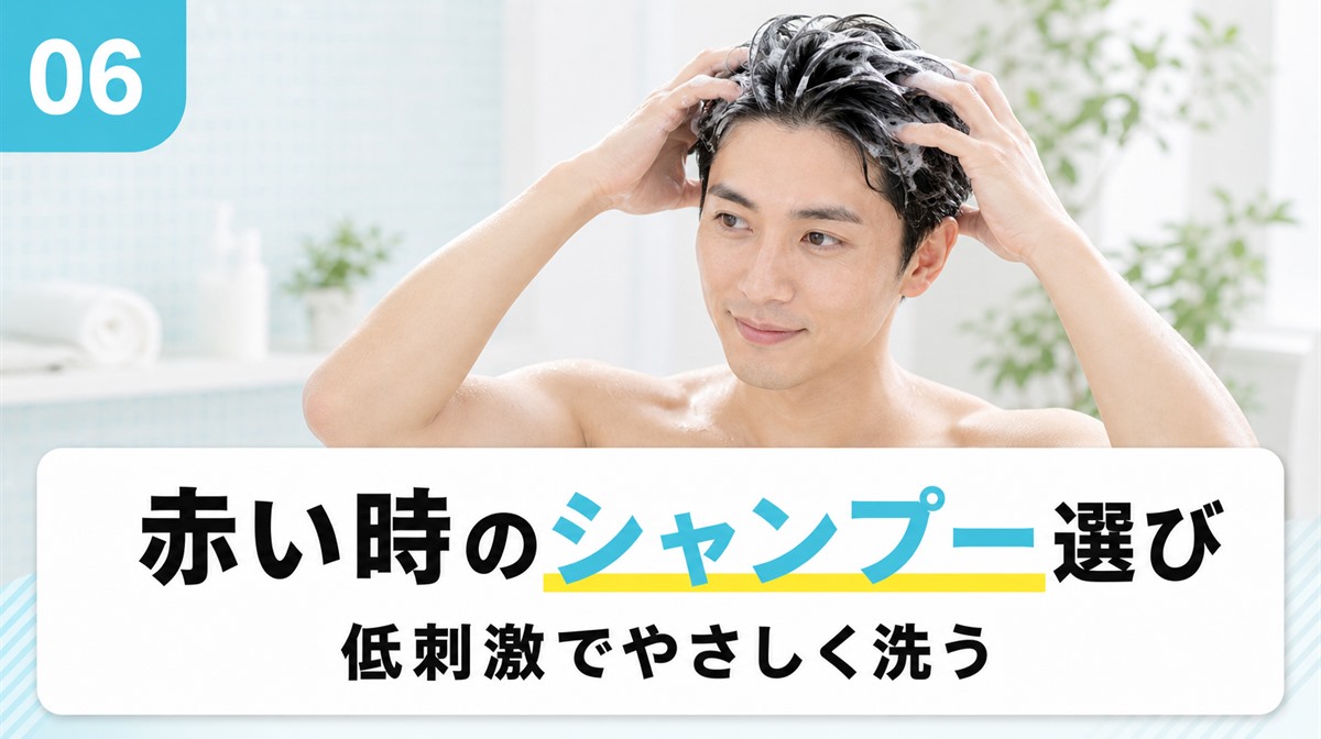 頭皮が赤い時のシャンプー選びと傷めない洗い方やすすぎを解説する見出しイメージ