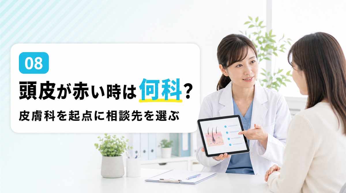 頭皮が赤い時は何科を受診すべきかと男女で異なる受診先や無料頭皮診断を解説する見出しイメージ