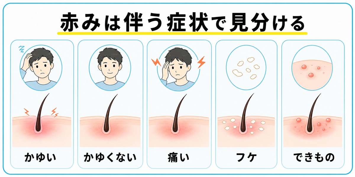 頭皮の赤みの症状別の見た目(かゆい・かゆくない・痛い・フケ・できもの)をやさしく示したイラスト