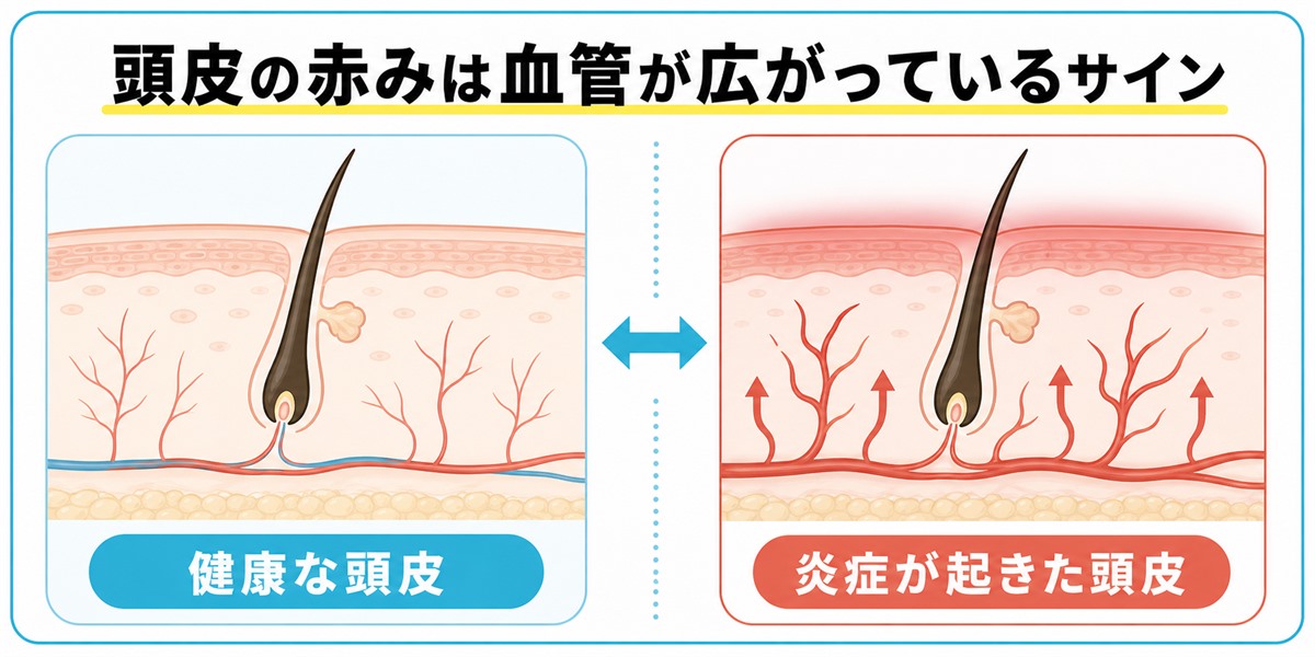 健康な頭皮と炎症で赤くなった頭皮の断面を対比し赤みは血管が広がるサインであることを示したイラスト図