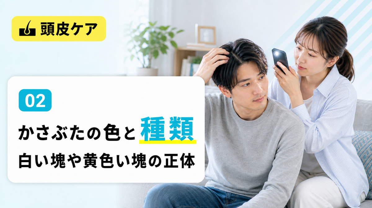 頭皮のかさぶたの色でわかる種類や白い塊と黄色い塊の見分けを解説する見出しイメージ