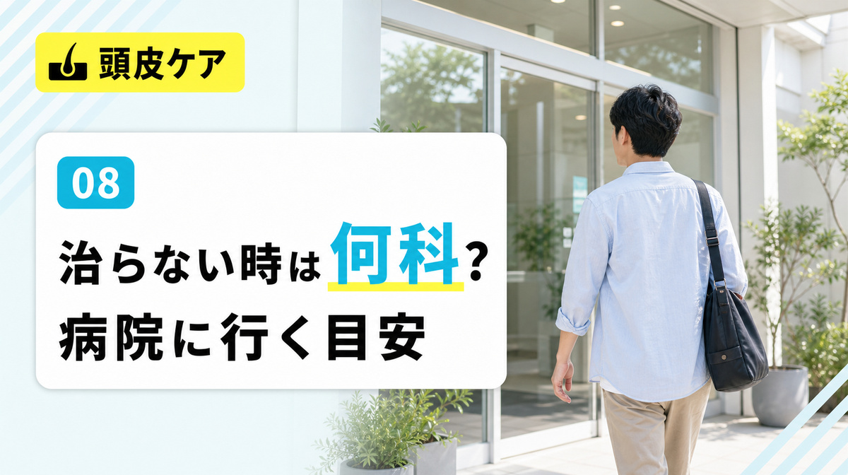 頭皮のかさぶたが治らない原因や病院に行く目安と何科を受診するかを解説する見出しイメージ