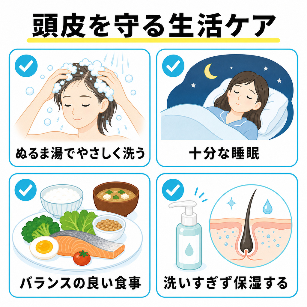 やさしい洗髪と十分な睡眠やバランスのよい食事と保湿など頭皮のかさぶたを防ぐ生活ケアを並べた図