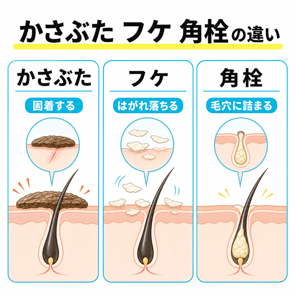 頭皮の断面でかさぶたとフケと角栓ができる場所と形の違いを並べて示した図