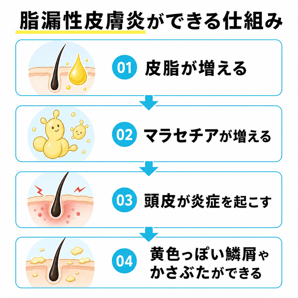 皮脂の増加とマラセチアの繁殖から頭皮の炎症と黄色い鱗屑につながる脂漏性皮膚炎の仕組みを示した図