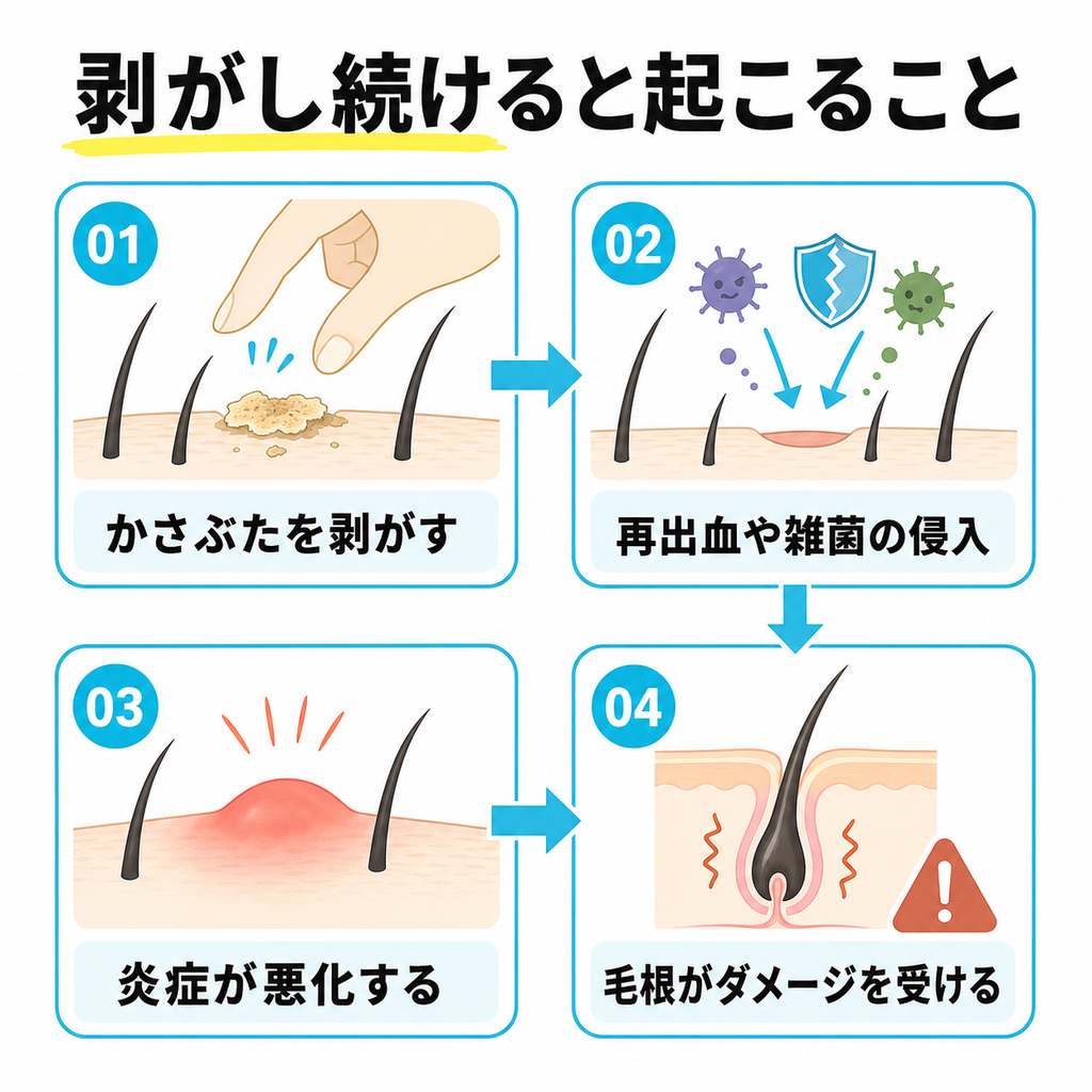 かさぶたを剥がすことで再出血と雑菌の侵入から炎症の悪化と毛根へのダメージへ進む流れを段階で示した図