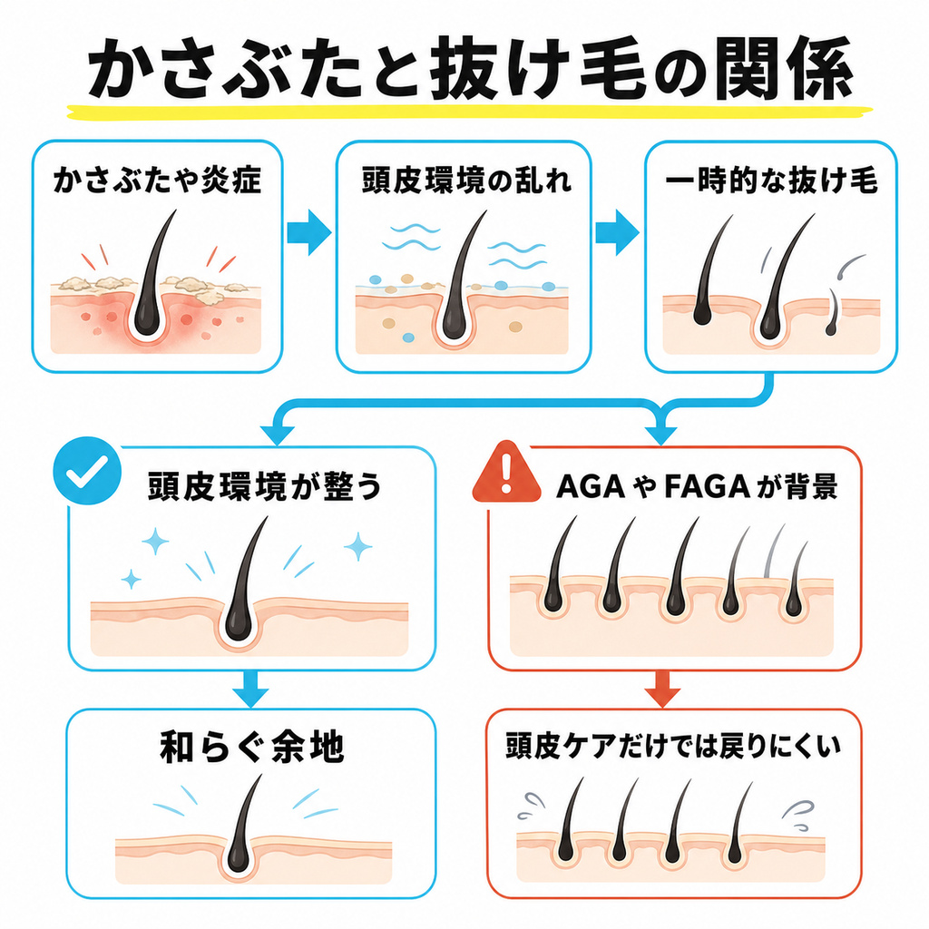 かさぶたや炎症による頭皮環境の乱れが一時的な抜け毛につながり環境改善で和らぐ一方AGAやFAGAは別経路になる関係を示した図