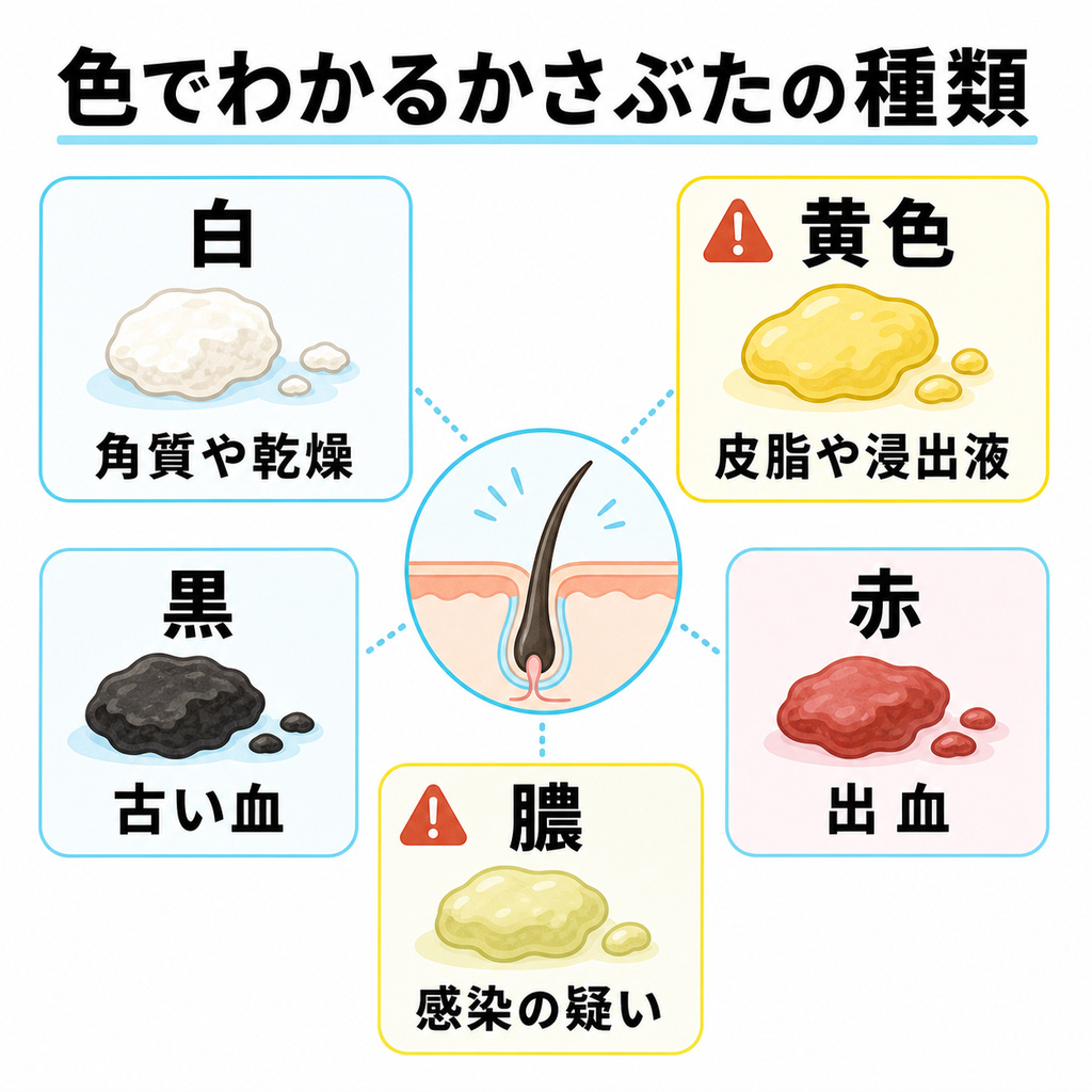 頭皮のかさぶたの白い塊や黄色い塊と黒い赤いなど色別の見た目と見分けのポイントを並べたイメージ図