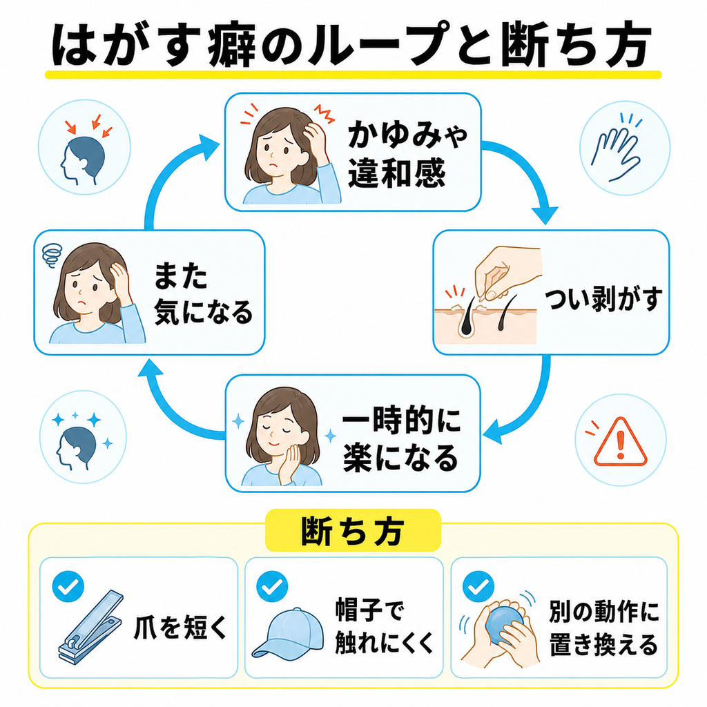 かゆみや無意識から剥がして一時的に楽になり繰り返すはがす癖のループと触れにくくする工夫でその輪を断つ流れを示した図