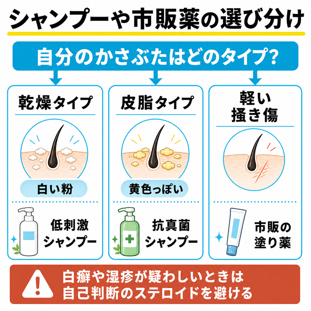 乾燥タイプは低刺激シャンプー皮脂タイプは抗真菌シャンプーなどかさぶたのタイプ別に市販品を選び分けるフロー図