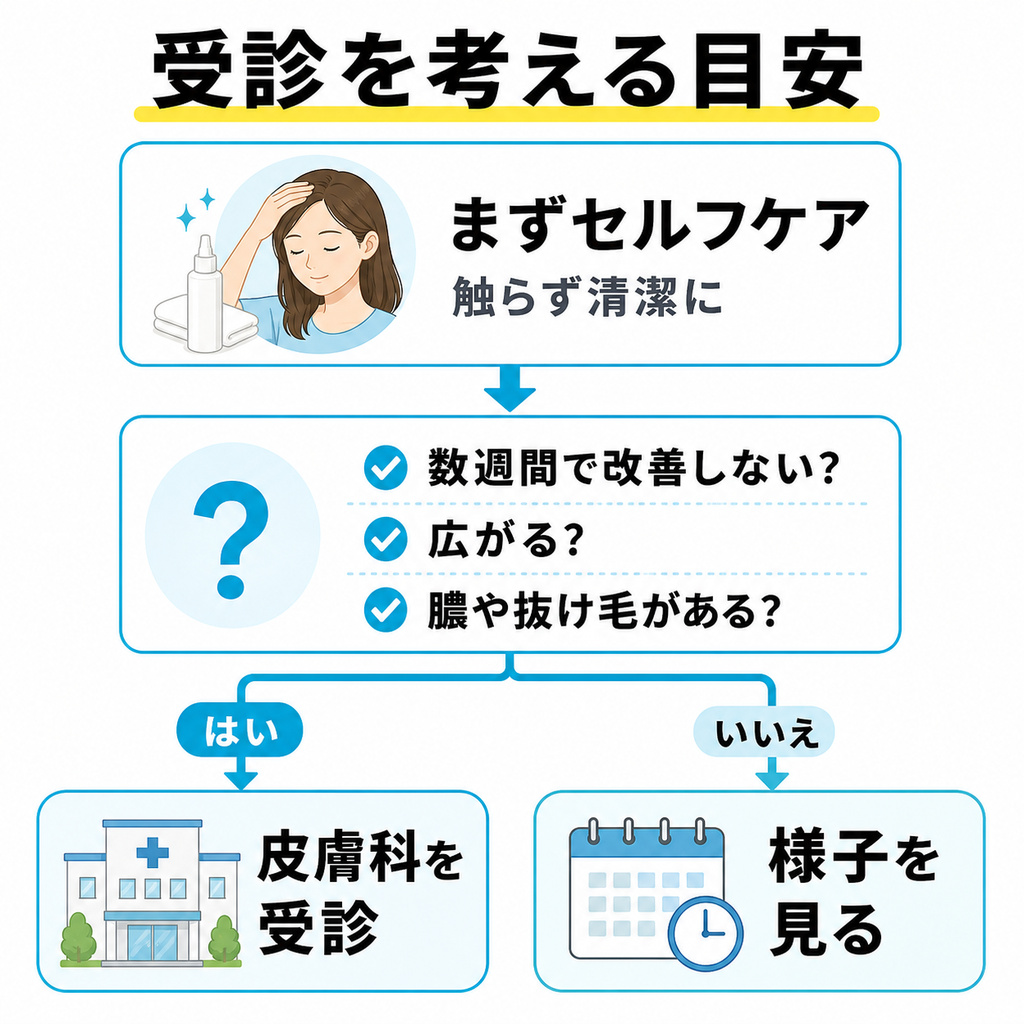 セルフケアで改善しないときや広がる膿や抜け毛を伴うときに皮膚科の受診を考える目安を示したフロー図
